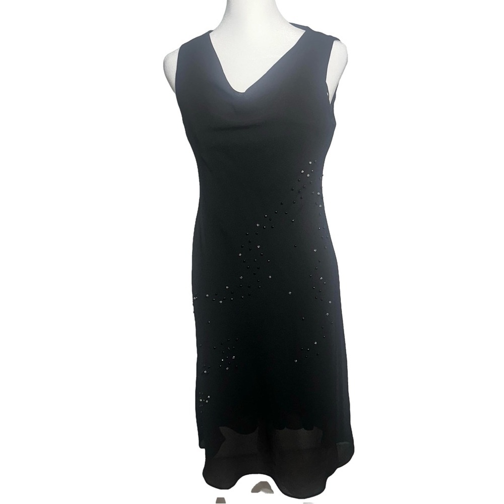 VTG Y2k Black Beaded Sheer Midi‎ Dress Flowy Whimsigoth Fairy Grunge 6P Dark Fem